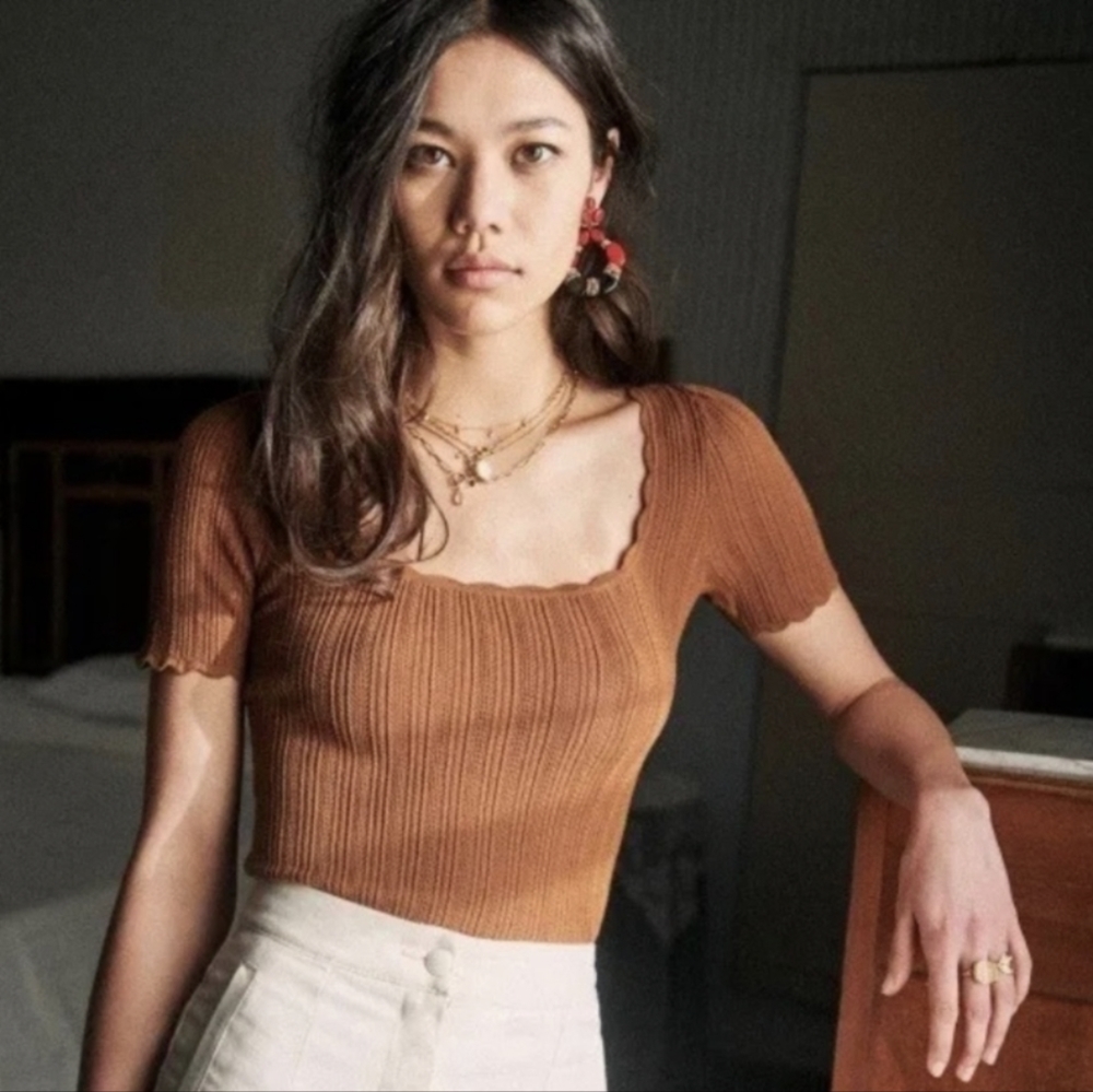 Sezane Ribbed Square-Neck Cropped Top in Rust Brown